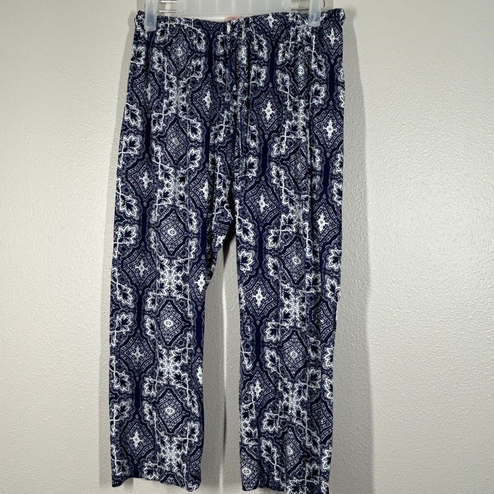Sweet Juliet Pants Womens M Navy White Paisley Lounge Elastic Drawstring Soft